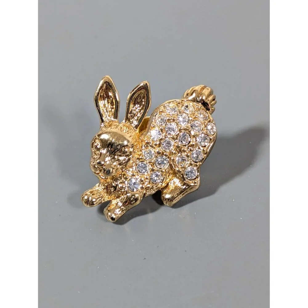 Vintage Avon Gold Tone‎ Bunny Rabbit Rhinestone Pave Tack Pin Brooch
